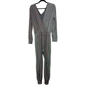 Terez Metallic Colorblock Long Sleeve Jumpsuit Silver Rainbow Shimmer Size M